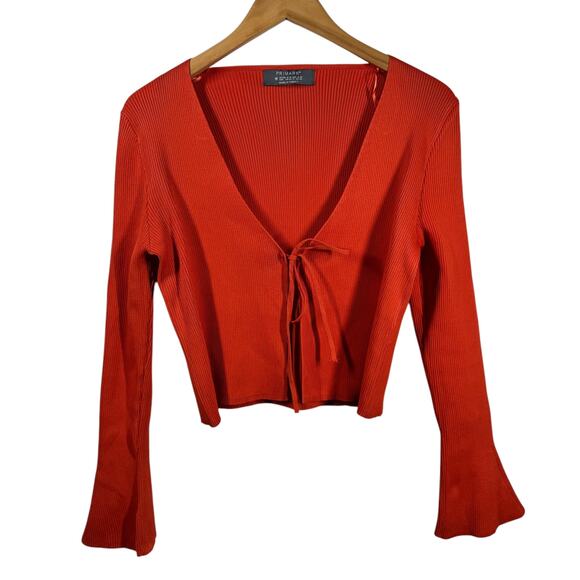 Primark Tie Top Women M Orange Ribbed Bell Sleeve Brats Spice Girl Y2K Spring - Picture 1 of 7